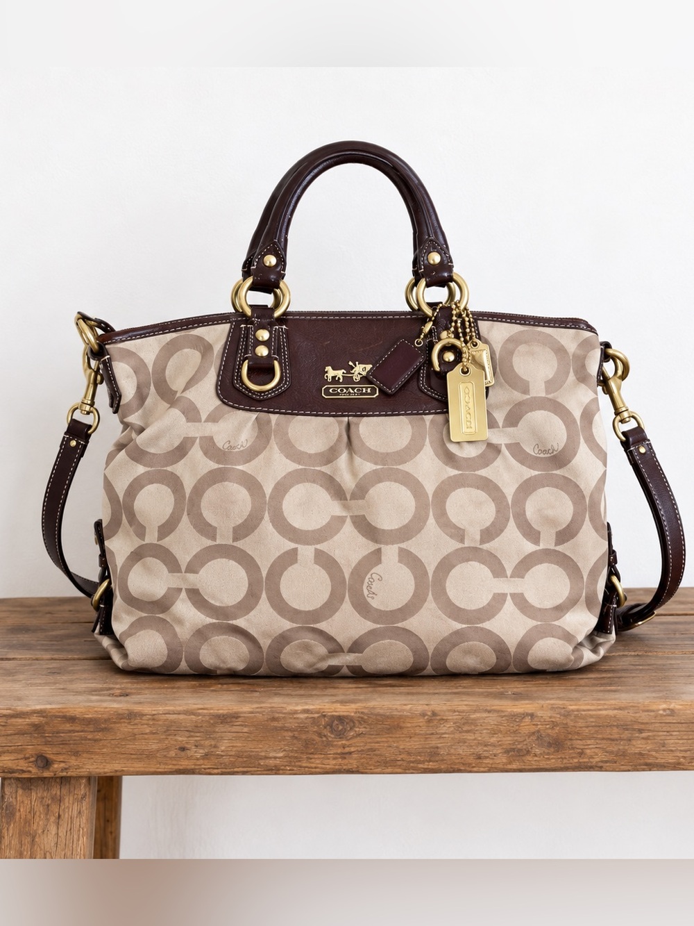 Coach Signature Jacquard Convertible Satchel Shoulder Bag Brown Beige